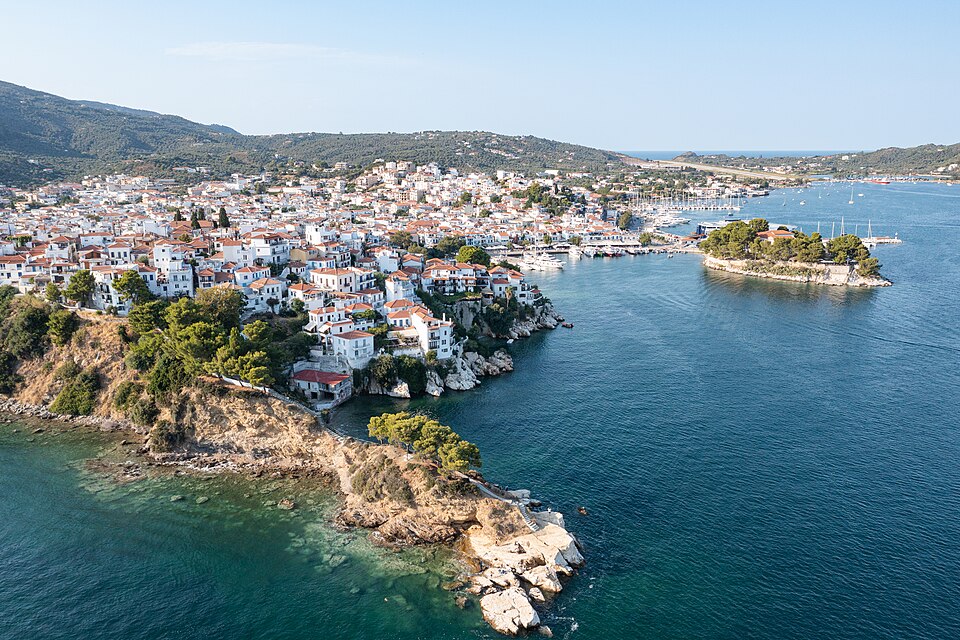 Aerial view of Skiathos harbour and old town, Greece