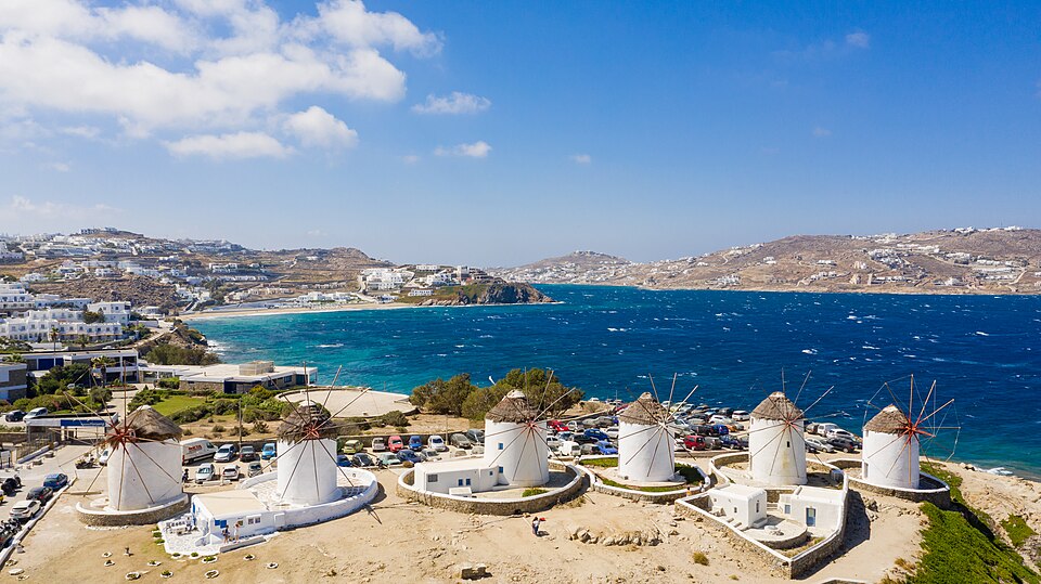 The windmills of Mykonos on a hilltop overlooking the Aegean Sea, Greece
