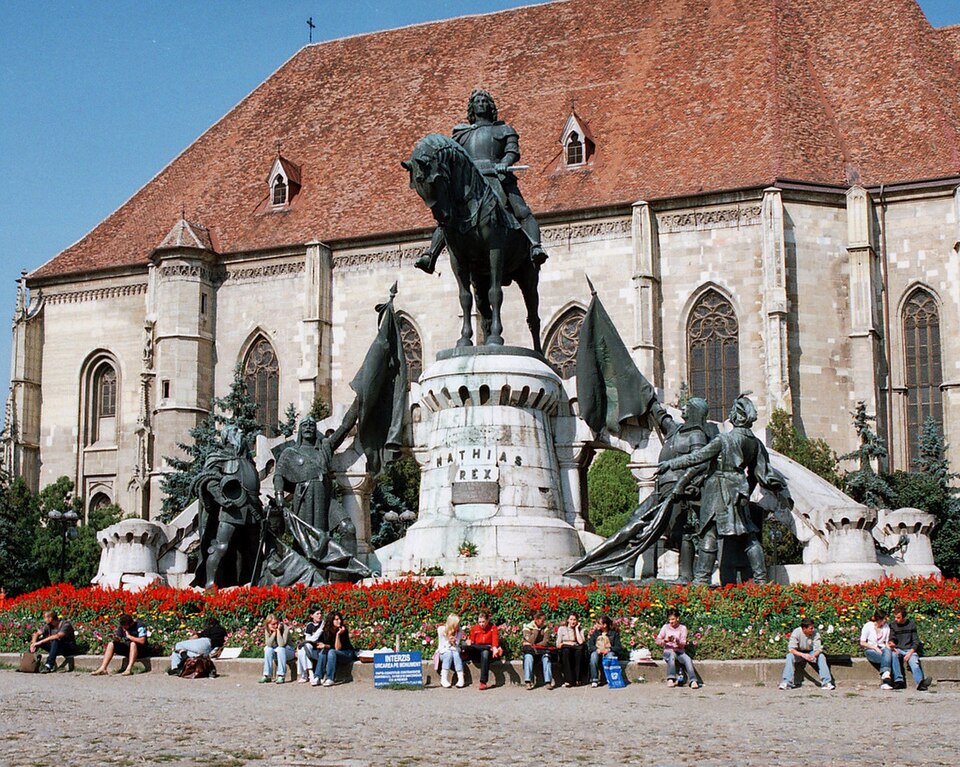Union Square and the Matthias Corvinus statue in Cluj-Napoca, Romania
