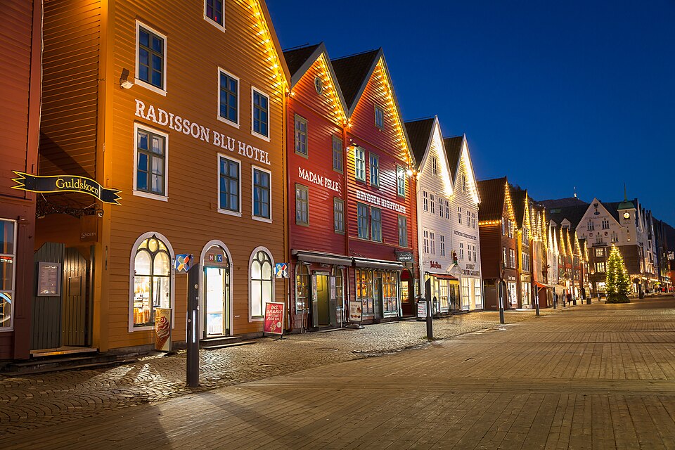 The Bryggen Hanseatic wharf at night in Bergen, Norway