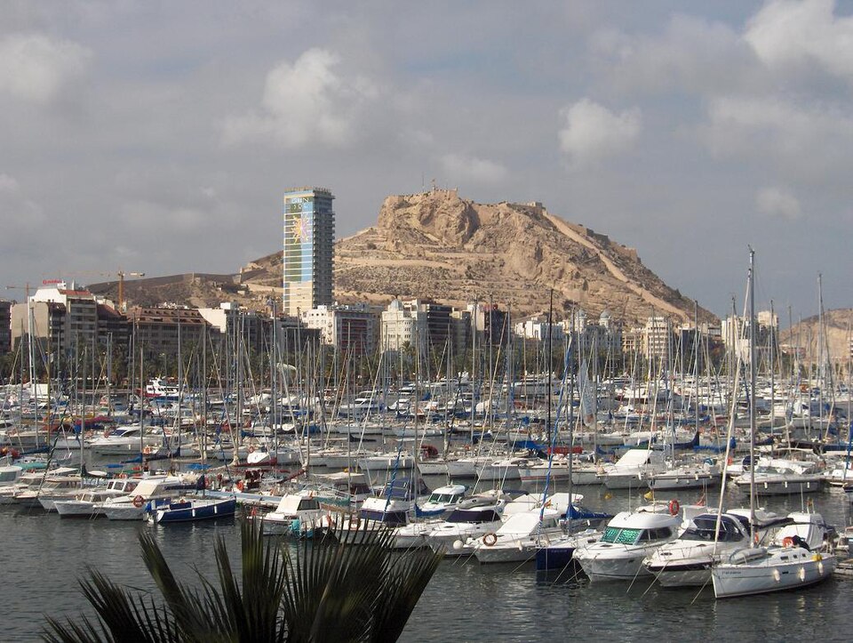 Skyline of Alicante from the harbour with Santa Barbara Castle, Spain