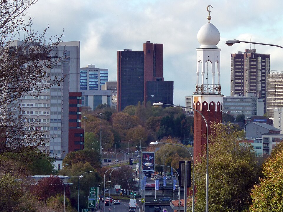 The Five Ways skyline and Central Mosque in Birmingham, United Kingdom