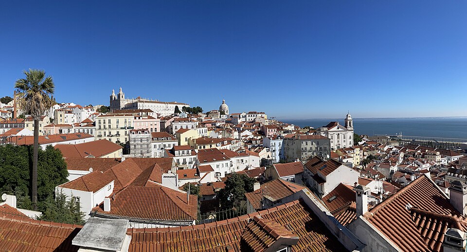 Lisbon rooftops and the Tagus river from Bairro Alto, Portugal