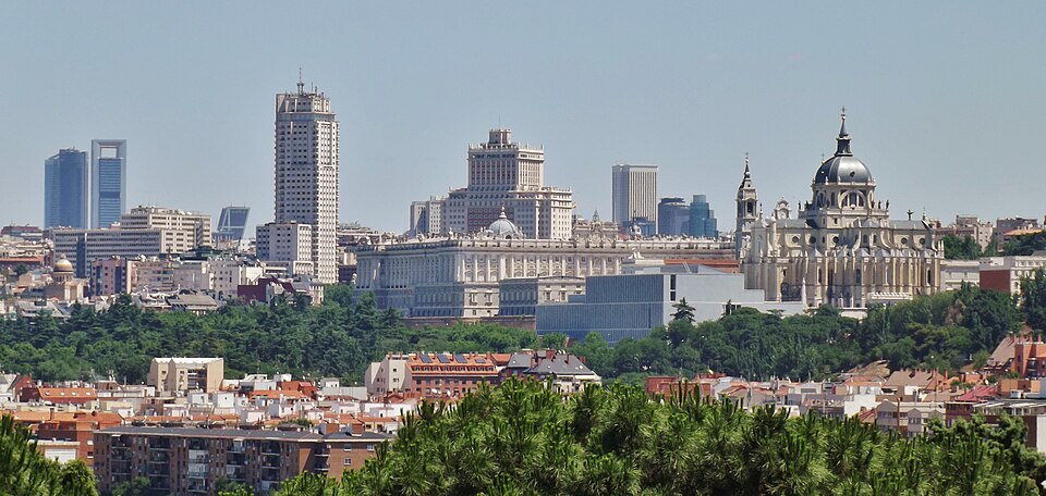 Madrid skyline with the Royal Palace and Almudena Cathedral, Spain
