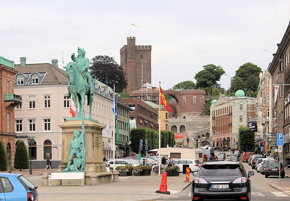 Stortorget square in Helsingborg with the Magnus Stenbock statue, Sweden
