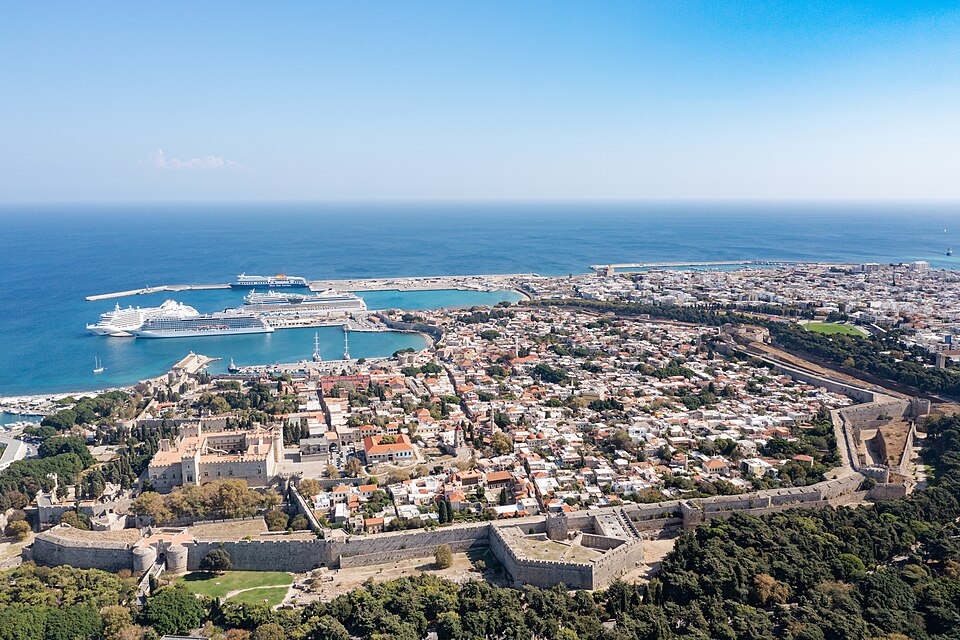 Aerial view of the medieval old town of Rhodes, Greece