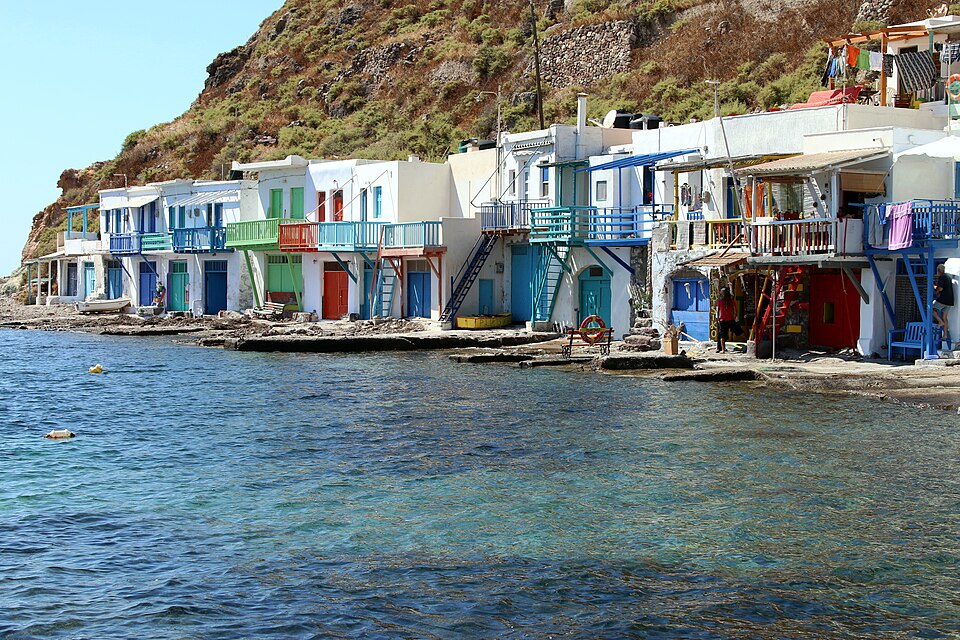 Colourful syrmata boathouses at Klima, Milos, Greece