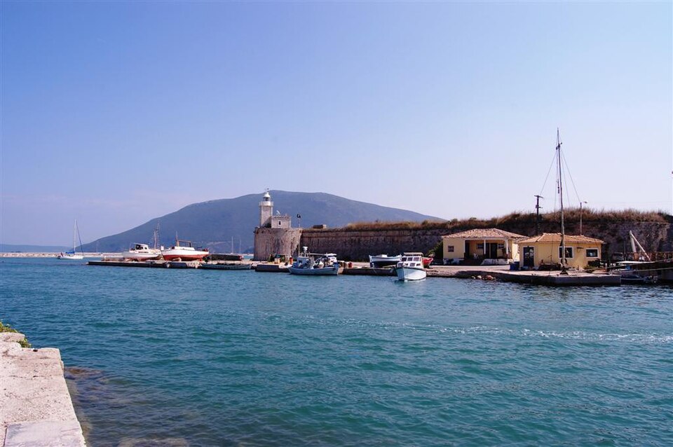 The channel entrance to Lefkada harbour and Santa Maura Castle, Greece