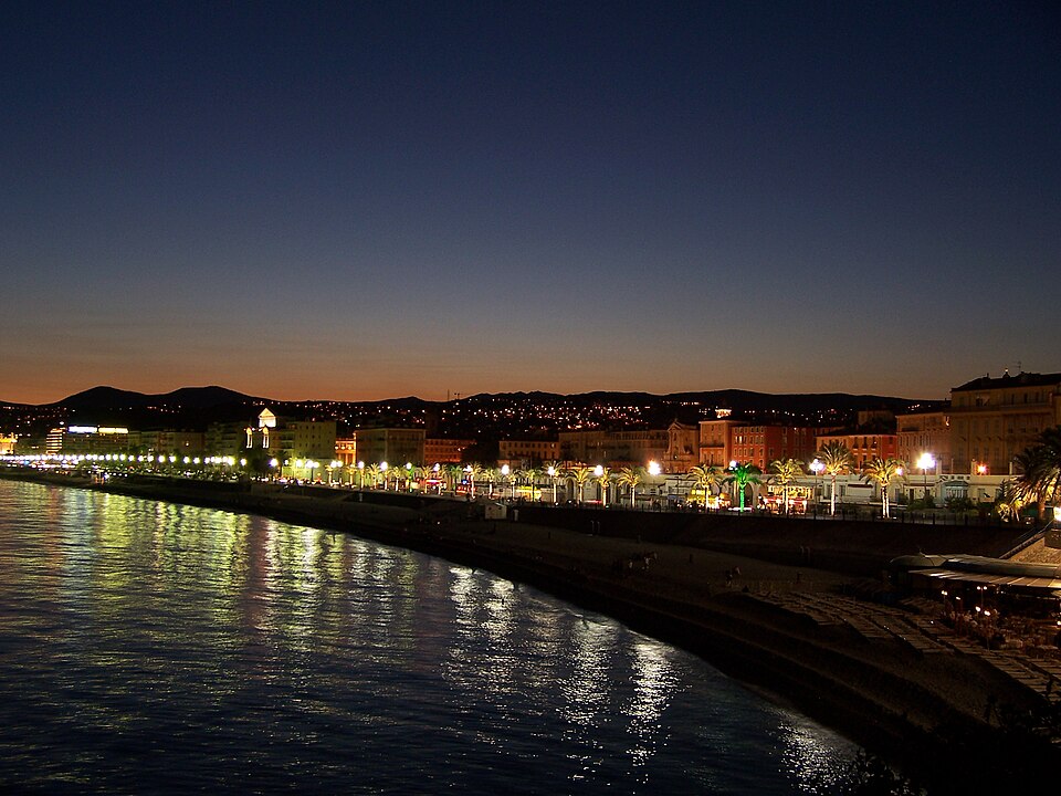 The Promenade des Anglais seafront at night, Nice, France