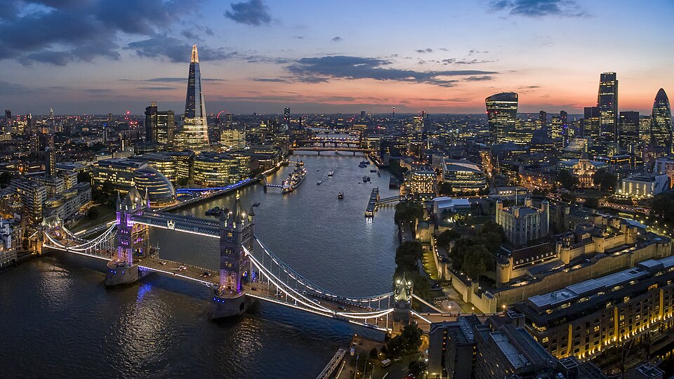 The London skyline with the Shard and the City at dusk, United Kingdom