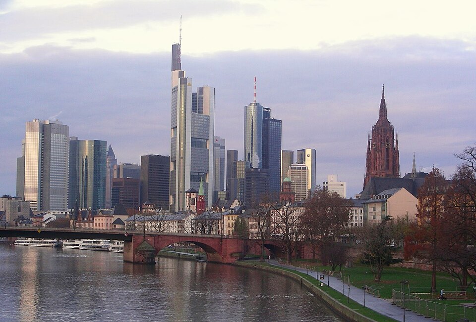 The Frankfurt financial district skyline over the river Main, Germany