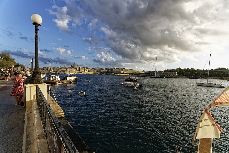 Sliema waterfront promenade with Valletta across the water, Malta