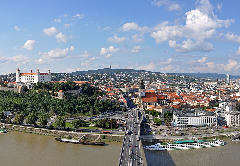 Panorama of Bratislava with the castle and St Martin's Cathedral, Slovakia