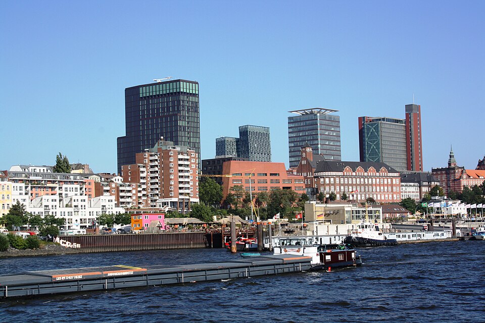 Hamburg harbour skyline with the Dancing Towers, Germany