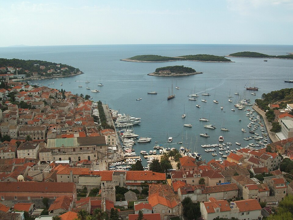 View over Hvar town and harbour from the fortress, Croatia