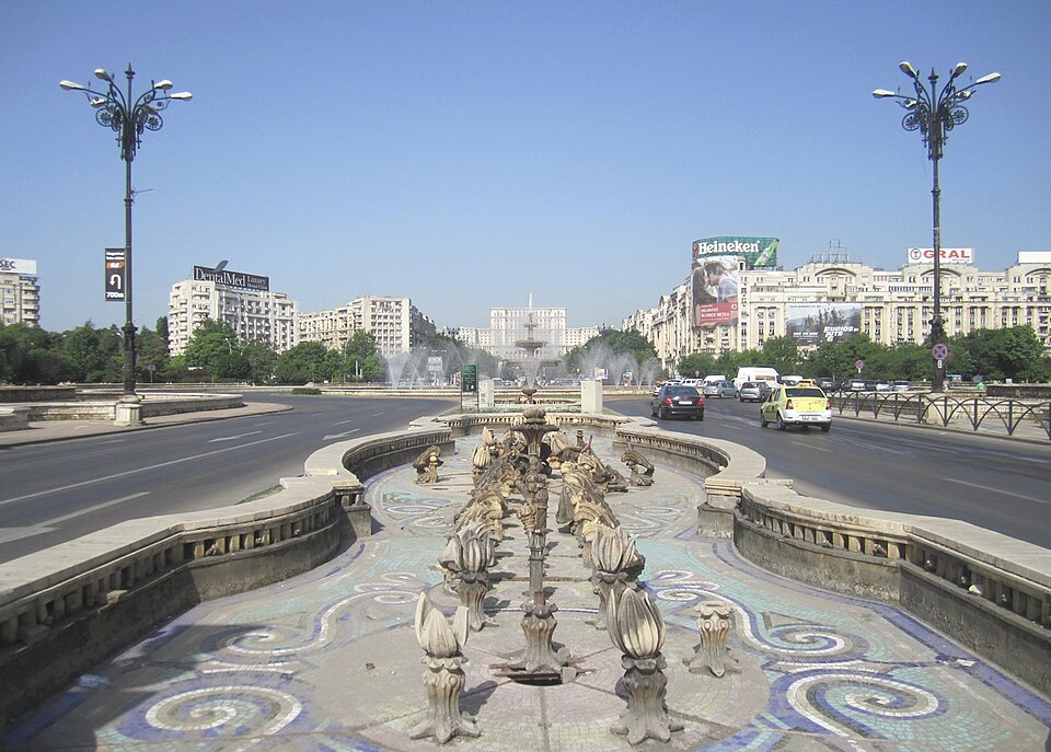 The Palace of Parliament seen from Union Square, Bucharest, Romania