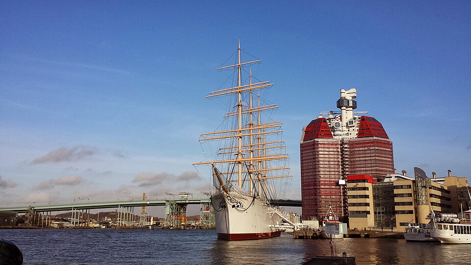 The tall ship Barken Viking and Lilla Bommen tower in Gothenburg harbour, Sweden